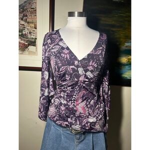 MKM Purple Paisley Floral V-Neck Wrap Style 3/4 Sleeve Top Plum Boho Surplice